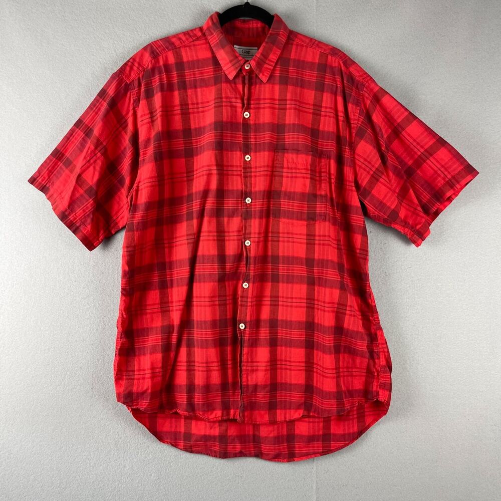 VTG Gap Shirt Mens Large Red Plaid Button Up Short Sleeve Cotton USA‎ Made 90s